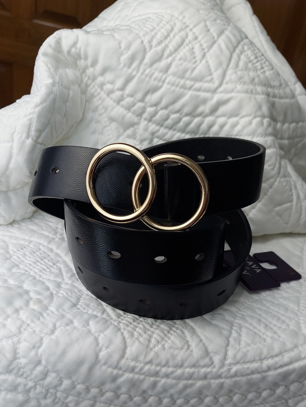 🆕 Ava & Viv Women's Black Double-Ring Belt with Gold Buckles, Size 1X, NEW ▪︎
